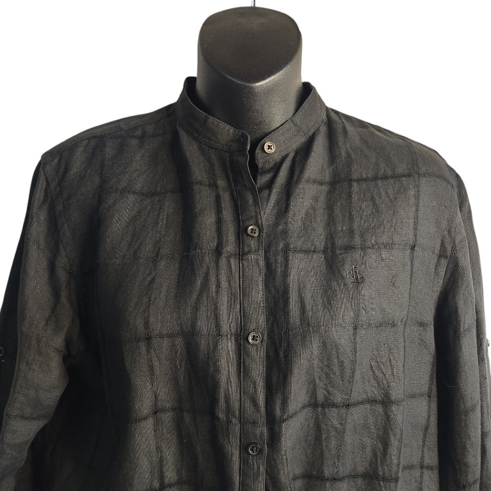 Lauren Ralph Lauren Women's Black Linen Button Up Roll-up Tab Sleeve Shirt Sz PL - Picture 4 of 7